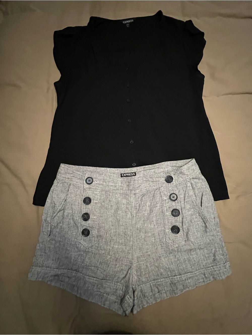 Express Gray Button-Accent Linen-Style Women's Shorts and black vneck blouse set